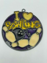 Vintage I Love Bowling Suncatcher Stained Glass Purple 3.5 Pins Glitter - $18.00
