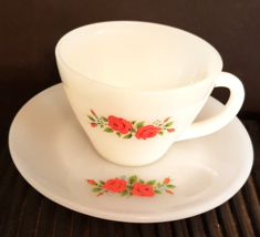 Fire King Red Rose Tea Cup &amp; Saucer Milk Glass VTG Anchor Hocking Oven W... - £10.13 GBP