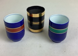 Set Of 2 Kotubuki Japanese Blue Striped Cups &amp; 1 Black Gold Cup - $12.62
