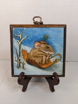 Vintage Oil on Wood Original Art Mouse on Leaf Sled Winter Signed &quot;Yve&quot; - £13.33 GBP