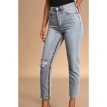 Neon Blonde Siren High-Rise Distressed Straight Leg Jeans Leopard Trim S... - £22.67 GBP