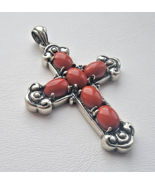 southwest style 925 STERLING SILVER RED CORAL CROSS PENDANT - $55.17