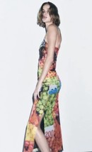 NWT ZARA Ruched Mesh Colorful Fruit Stand Print Midi Dress Sz S - £36.18 GBP