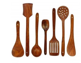 7 PCS Wooden Spoons and Spatula for Cooking, Sleek, Sold and Non-Stick Cookware - £35.08 GBP