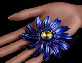 HUGE blue Brooch -  BIGGEST enamel flower pin Rivoli rhinestone - Rare Beauty ro - £75.76 GBP