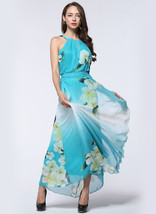 Women&#39;s Floral Halter Neck Ruffled Blue Chiffon Maxi Dress 12 14 16 18 A... - $34.99
