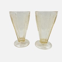 Vintage Pair of Amber Depression Glass Footed Tumblers with Floral Etchi... - $21.78