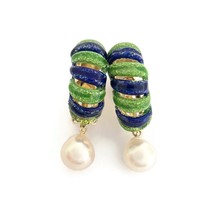 Vintage Blue Green Enamel Pearl Dangle Drop Earrings 14K Yellow Gold, 16.47 Gr - £1,490.04 GBP