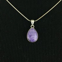 CHAROITE &amp; sterling silver pendant necklace - teardrop purple stone cabochon 16&quot; - £31.69 GBP