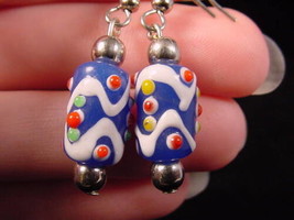 (EE-504-42) BLUE swirl DOT glass dangle earrings lampwork red yellow SPOTTED - £9.89 GBP