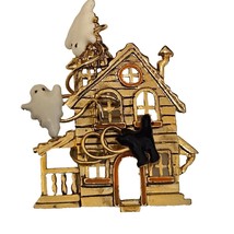 Halloween Gold Painted Enamel Haunted House Black Cat Ghosts Brooch Pin - £13.44 GBP