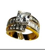 Vintage Gold Plated Baguette Princess Cut Cubic Zirconia Diamonds Ring S... - £35.02 GBP