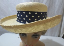 Vtg 80s 90s Classic Natural Tan Straw Hat Blue Ribbon Polka Dot bow Sun Travel - £15.98 GBP