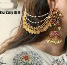 Indian Big Jhumka Earrings Jhumki Wedding Bollywood Set Real Camp Chain Earrings - £142.28 GBP