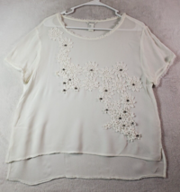 FOREVER 21 Blouse Top Women Size Large White Short Casual Sleeve Round Neck Slit - £9.27 GBP