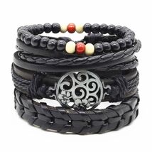 SET OF 4 BRACELETS 4pcs Braclet Black Wood Bead Leather Braided Adjustab... - $6.95