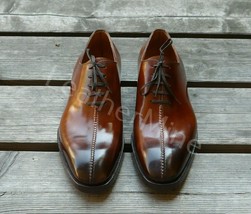 Men&#39;s Handmade Split Toe Lace Up Shoes, Brown Leather One Piece Formal Men Shoes - £134.47 GBP