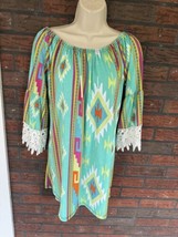 WinWin Tunic Large Mini Dress Aztec Design Crochet Lace 3/4 Sleeve Off S... - £7.42 GBP