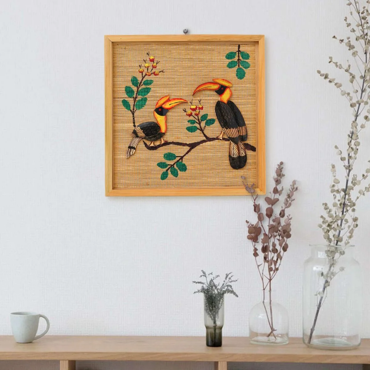 Bamboo Art Gift For Multiple Occasions Couple Hornbill Painting For Home... - £45.01 GBP
