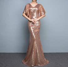 Rose Gold Sleeves Sequin Dress Gold Maxi Long Plus Size Mermaid Sequin Dress image 4