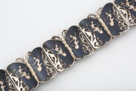 Vintage Siamese Sterling Silver And Niello Etched Butterfly Link Panel Bracelet - £131.62 GBP