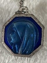 Vintage Lourdes Mary Blue Enamel With Water Bubble Pendant Necklace France Nice - $25.73