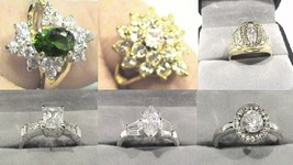 6 Cubic Zircon Fashion Cocktail Rings - 1 with Emerald 3 Gold-tone 3 Silver-tone - £11.14 GBP