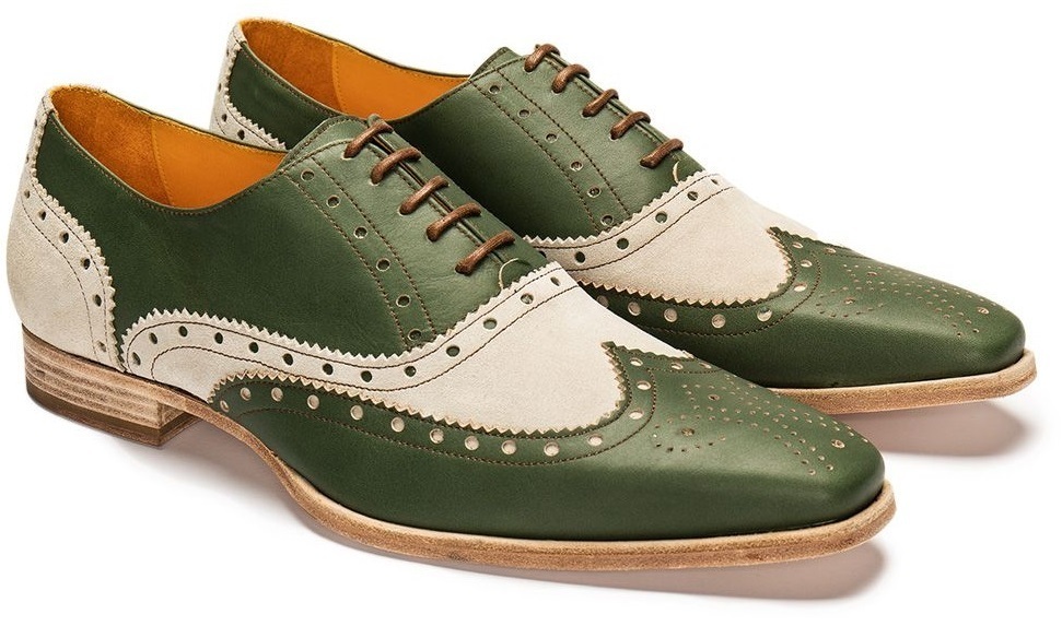 Handmade Wing Tip Brogue Leather Shoes, Men's Lace Up White Green Stylish Shoes