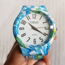 Embassy By Gruen Women&#39;s White Blue Tropical Floral Analog Quartz Cuff Watch - £23.53 GBP
