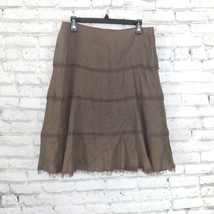 Tahari Skirt Womens 10 Brown Tiered Fringe 100% Linen Lined Embroidered - $34.99