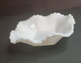 White Milk Glass Square Nut Candy Dish Bowl Ruffled Rim Diamond Pattern Serving - $17.23