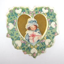 Vintage Valentine Card Die cut Girl Blue Dress &amp; Bonnet Hat Hearts Flowers Gold - £6.26 GBP