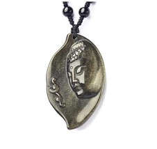 Natural Gold Obsidian stone buddha charm zen buddha pendant beaded necklace - £31.01 GBP