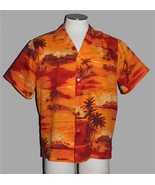 VTG Calabash Cuzzins Hawaiian Firey Orange Palm Trees Islands Huts Shirt... - $543.47 MXN