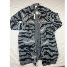 Chicos Sweater Women Size 2 Black Gray Jovi Cardigan Zebra Shine Wool Mo... - $12.79