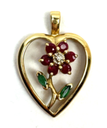 14K Gold Heart Pendant RY Ruby Emerald Diamond Prong 3 Grams - €301,67 EUR