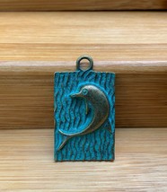 Antiqued Bronze Dolphin Pendant Blue Green Metal Leaping Porpoise Ocean Waves - £4.26 GBP