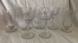 Mid Century.Cut Crystal Etched.Set 7 Knob Stem.Sherbet Champagne Water Glasses - £31.97 GBP