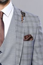 Men 3pc Vest Suit WESSI by J.VALINTIN Extra Slim Fit JV42 Blue Plaid TURKEY USA image 3
