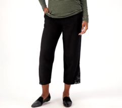 Susan Graver Pure Linen Blend Crop Pants w/Lace Inset- BLACK, SMALL - £17.56 GBP