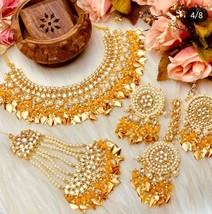 Sheikh Kundan Earring Necklace Passa Tikka Bridal Yellow Wedding Jewelry Set - £53.78 GBP
