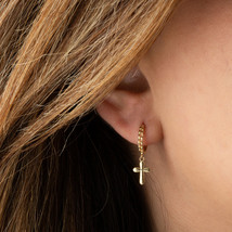 10K or 14K Yellow Gold Religious Cross Milgrain Cuban Link Huggies Earrings - £112.17 GBP+