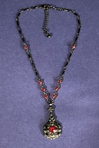 Antique Style Silver Tone Necklace &amp; Pendant Black &amp; Red Beads Victorian Look - £8.44 GBP