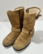 UGG Chaney Sz 6 Camel Suede Wool Lined Buckled Zip Stacked Heel Biker Boots - £22.66 GBP