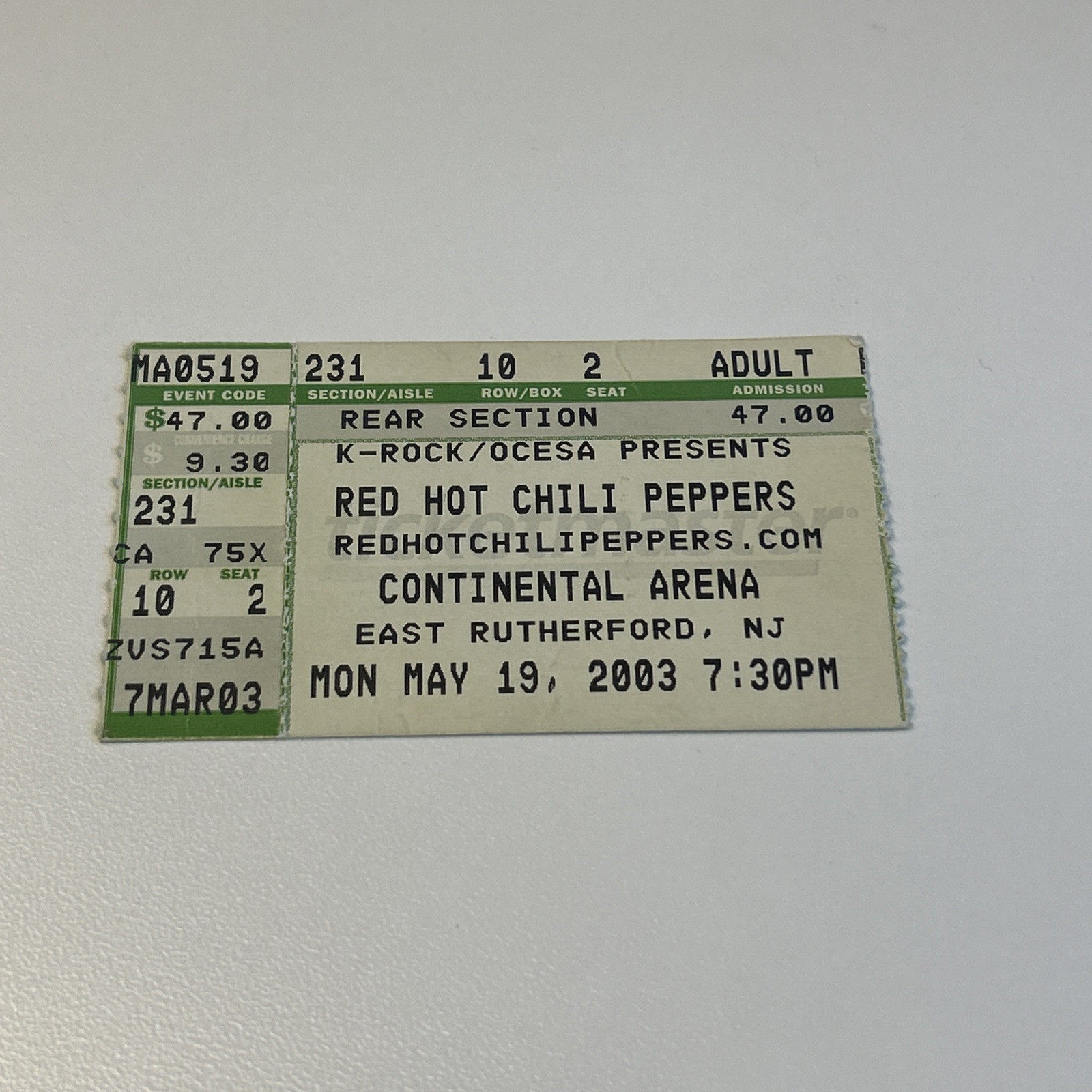 2003 RED HOT CHILI PEPPERS EAST RUTHERFORD NJ CONCERT TICKET 5/19 CONTIN... - $10.00