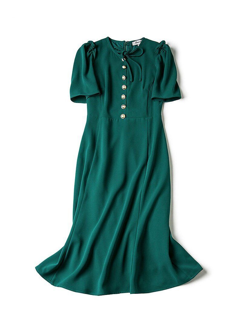Kate Middleton Inspired Gold Button Front Silk Green Midi Sheath Dress Item image 5
