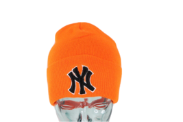 NOS Vintage New York Yankees Baseball Knit Winter Beanie Hat Cap Blaze Orange - £43.61 GBP