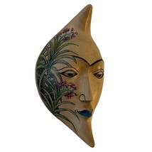6.0&quot; Long Hand-Painted Wall Hanging Wooden Moon Face Floral Pattern - $44.54