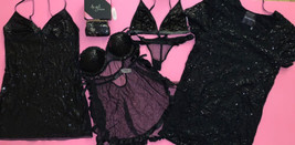 Victoria&#39;s Secret 36B Babydoll Set+Bralette+Slip+Dress+Coin Purse Sequined Black - £236.85 GBP