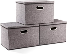 Prandom Large Collapsible Storage Bins With Lids [3-Pack] Linen, 17.7X11.8X11.8 - £36.59 GBP